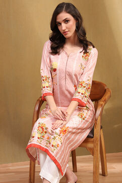 Misty Rose Floral Printed Regular Fit Straight Kurta image number 0