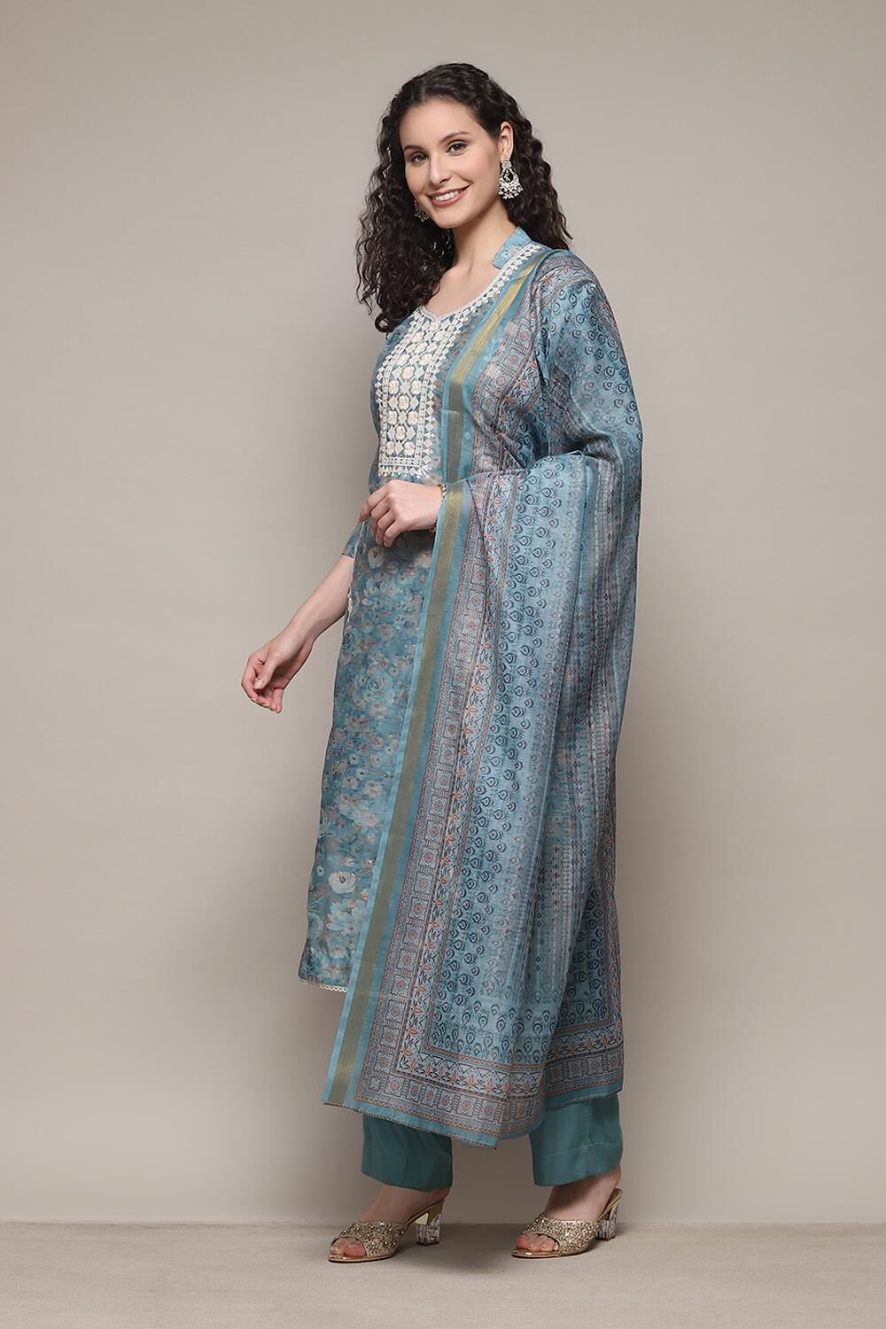 Blue Chanderi Unstitched Suit Set image number 2