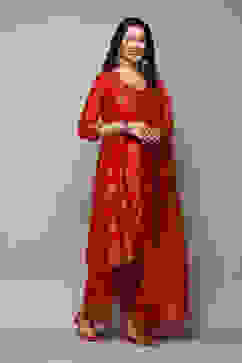 Red Cotton Blend Straight Yarndyed Kurta Palazzo Suit Set image number 6