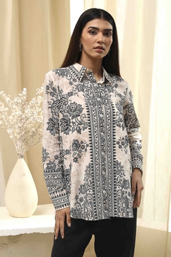 Off-White and Black Cotton Printed Straight Shirt
