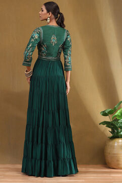 Emerald Green Silk Festive Tiered Anarkali Dress image number 4