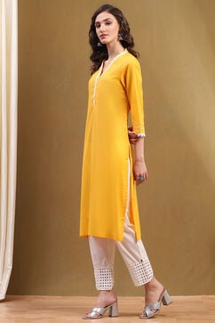 Yellow Cotton Solid Regular Fit Straight Kurta image number 2