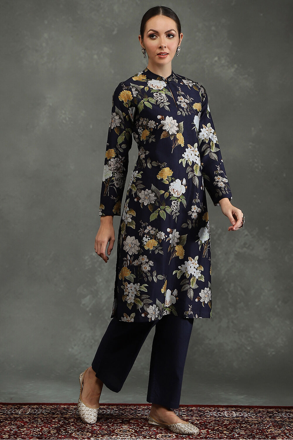 Rohit Bal Indigo Silk Chanderi Floral Printed Straight Kurta Set image number 5