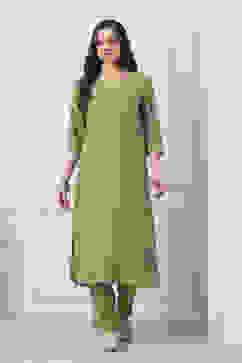 Sap Green Embroidered Straight Kurta Set image number 6