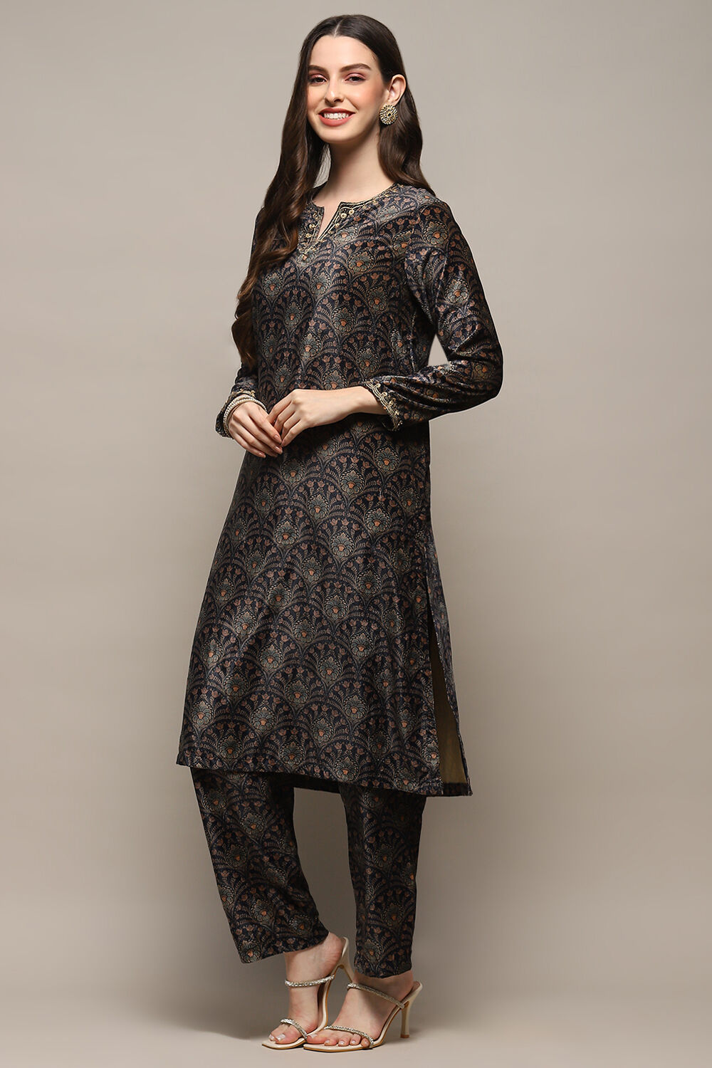 Peacock Blue Polyester Straight Printed 2 Piece Set image number 3