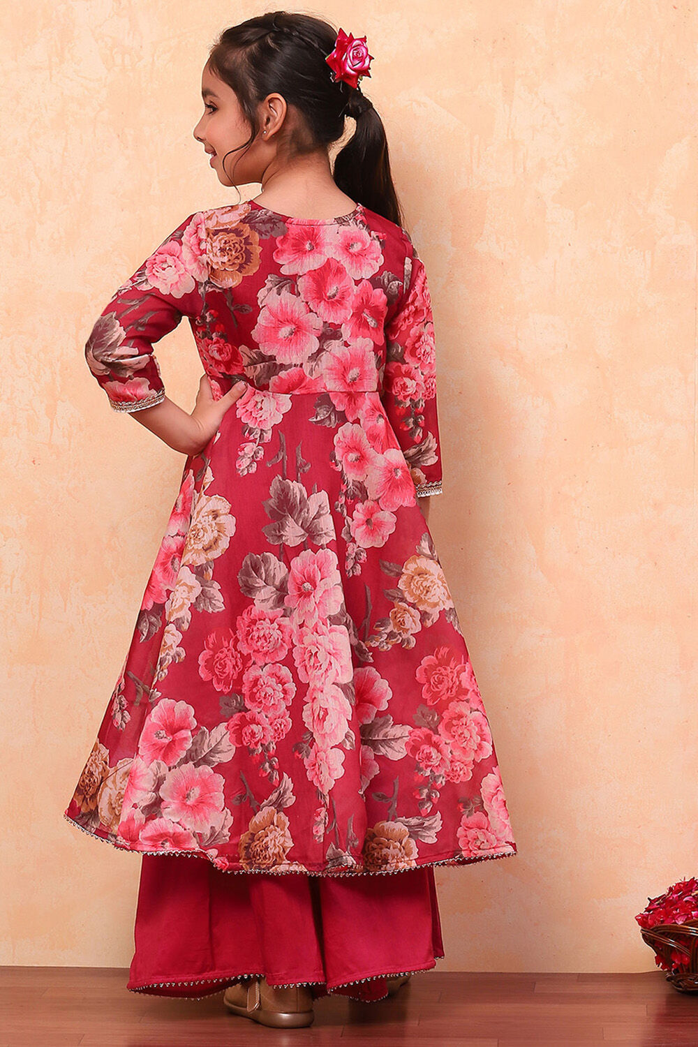 Pink Floral Printed Flared Festive Suit Set image number 4