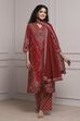 Red Cotton Printed Straight Suit Set