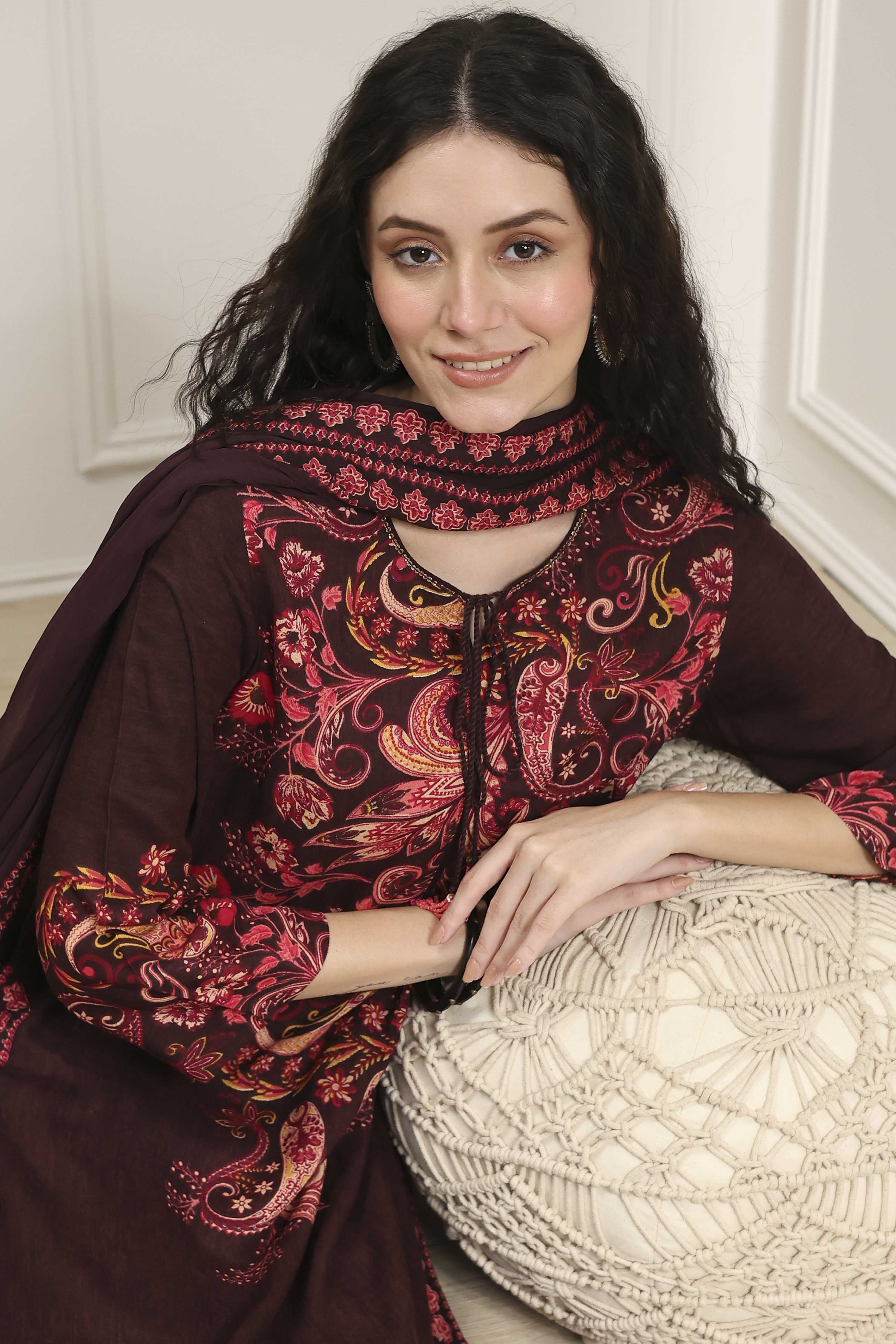 Brown Printed Straight Suit Set image number 0