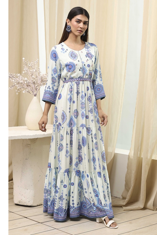 Ecru and Blue Printed Tiered Dress image number 4