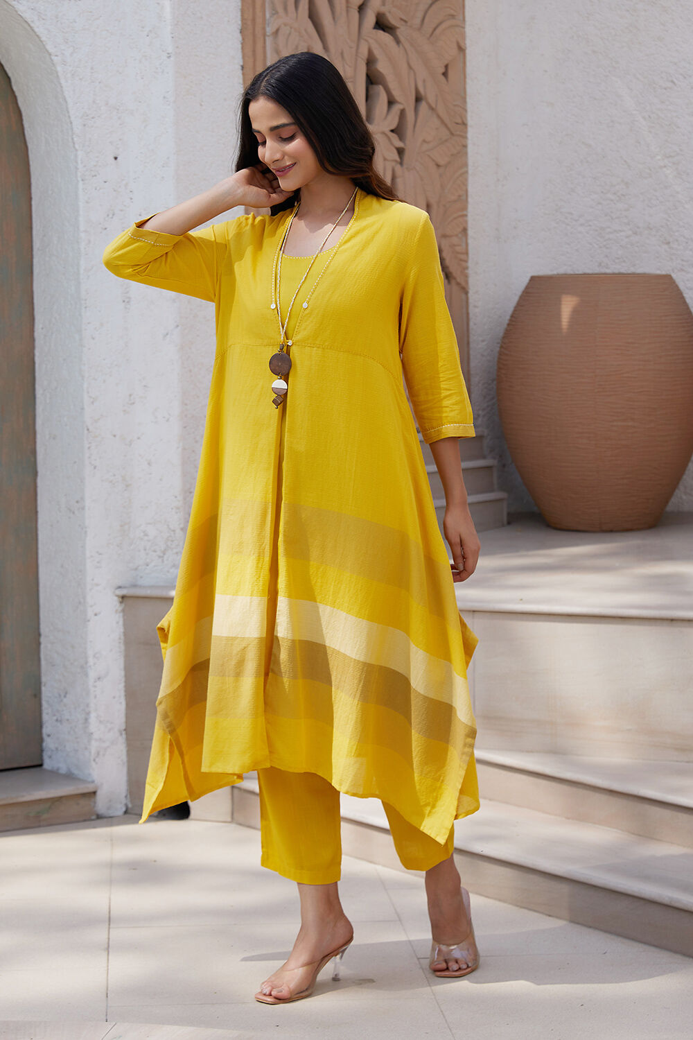 Yellow A-Line Striped Jacket image number 3