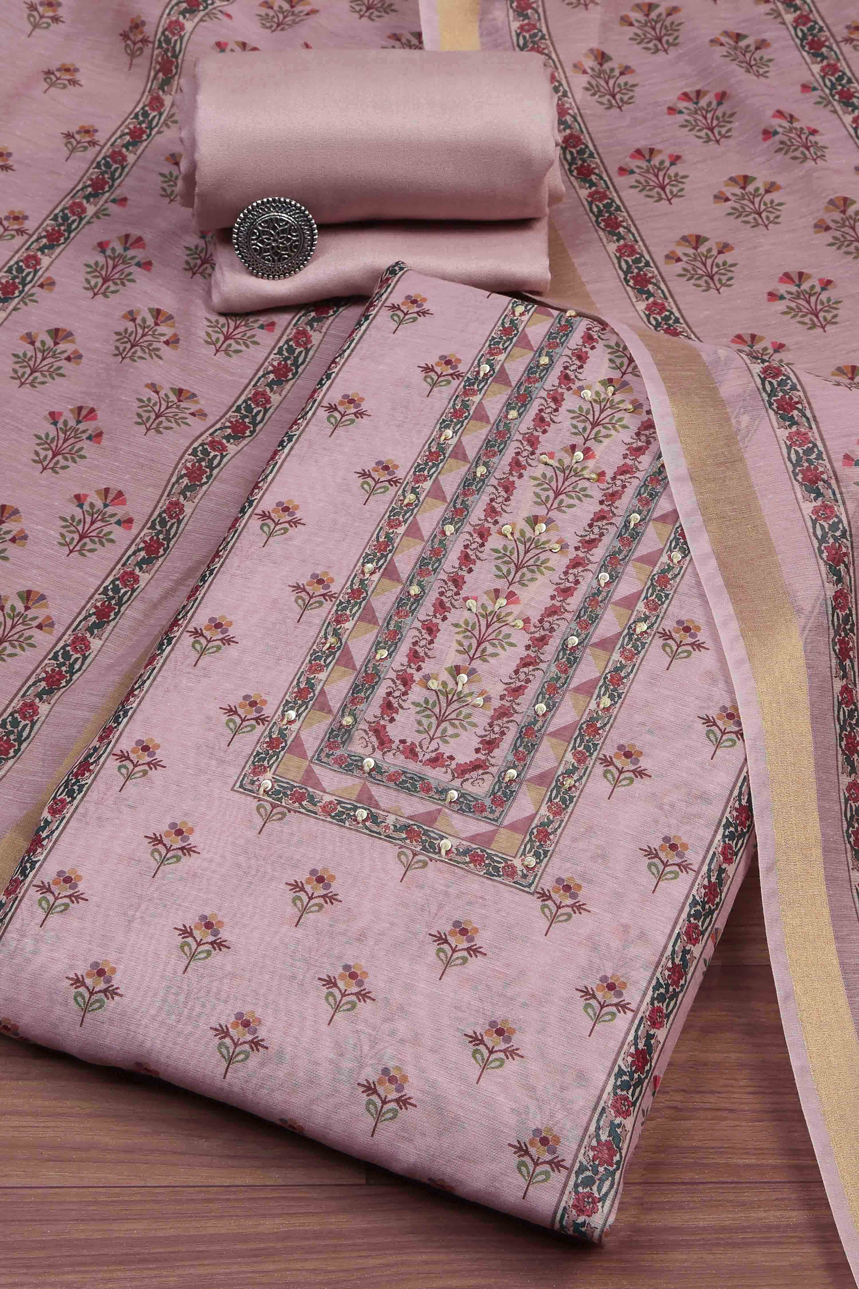 Cream-Toned Muslin Rajasthani Print Unstitched Suit Set image number 0