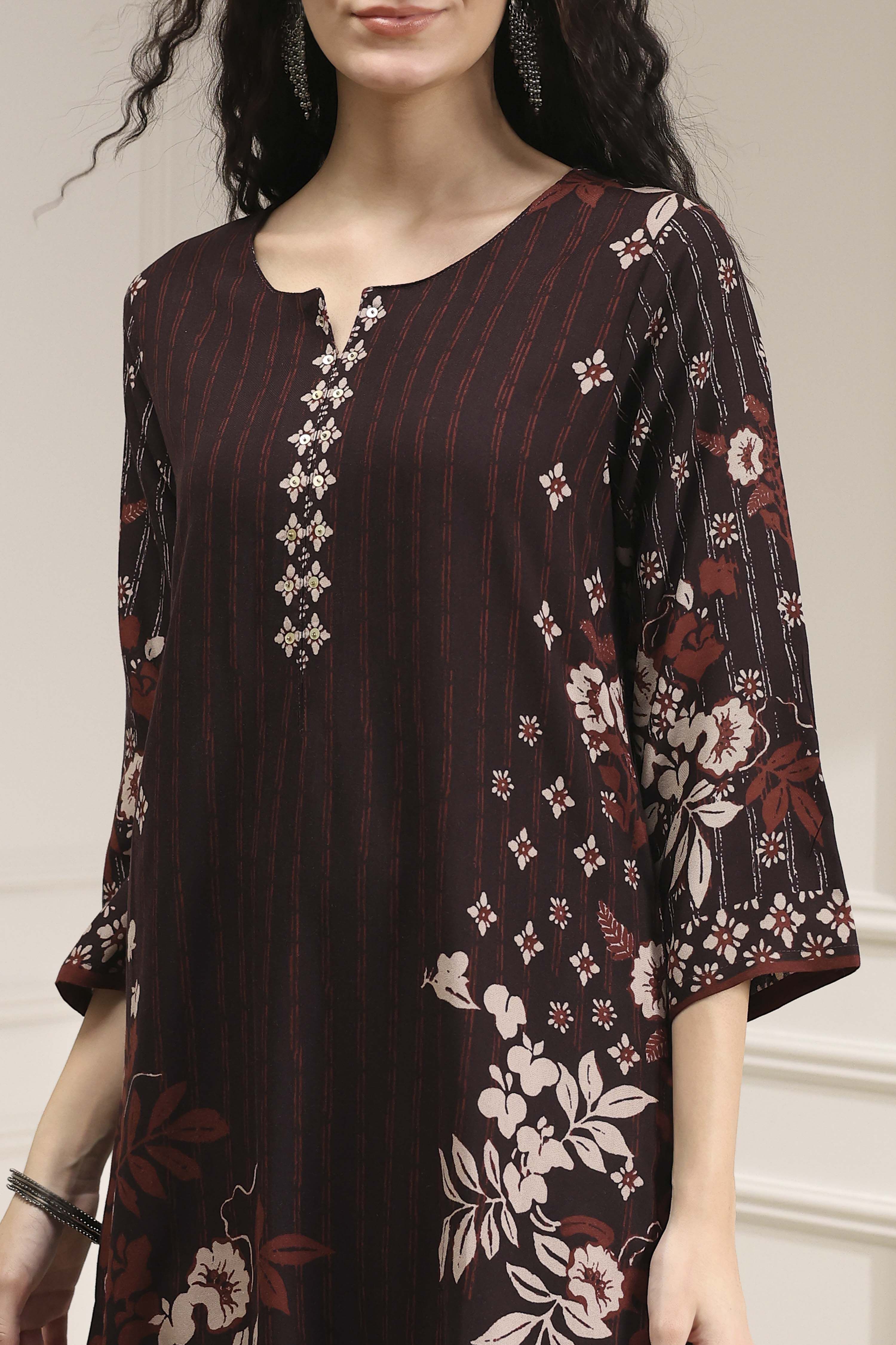 Brown Printed Straight Kurta image number 1