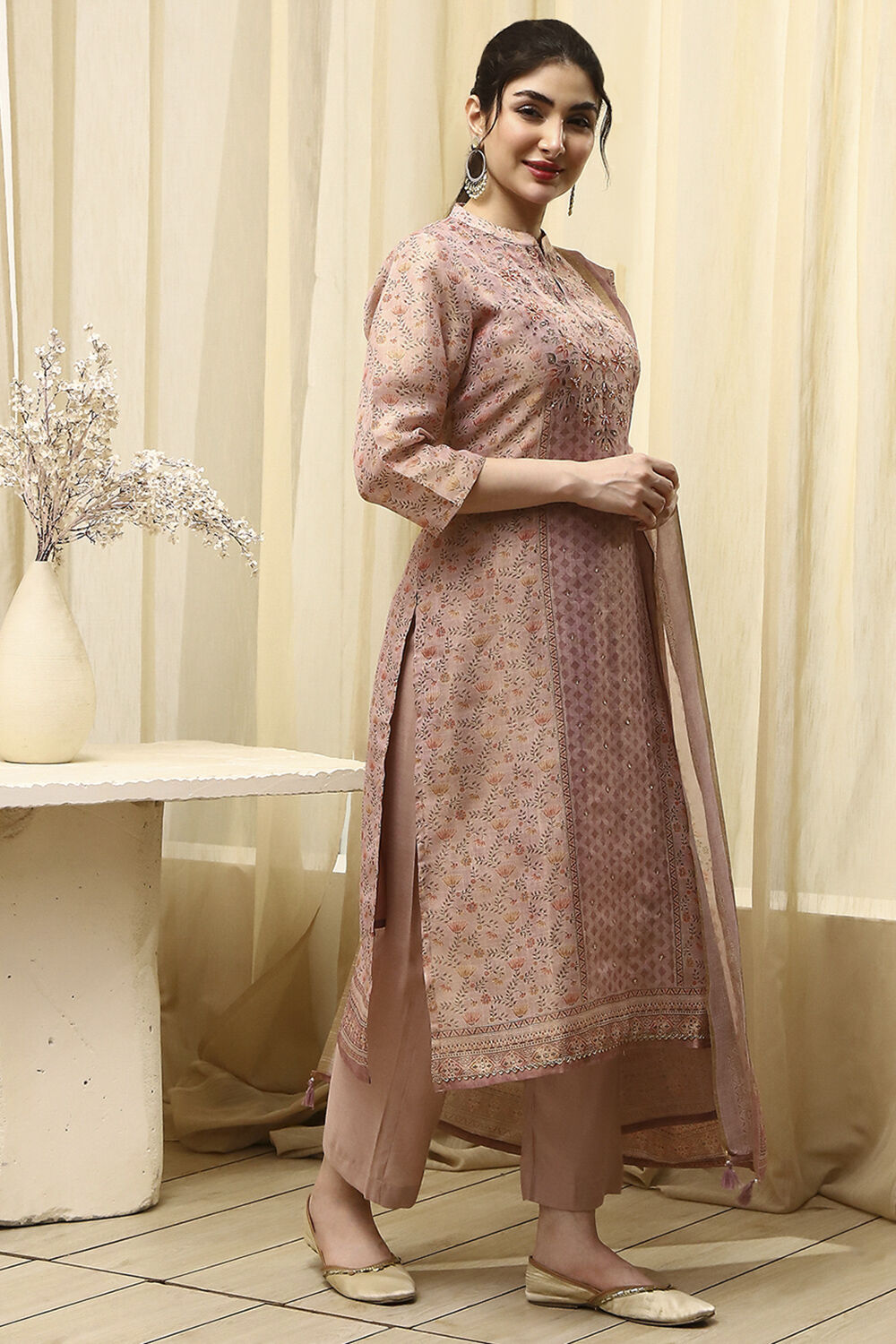 Lavender Chanderi Printed Unstitched Suit Set image number 6