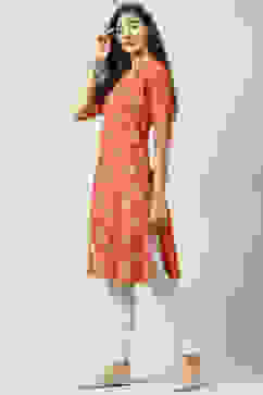 Burnt Orange Art Silk Straight Printed Kurta image number 2