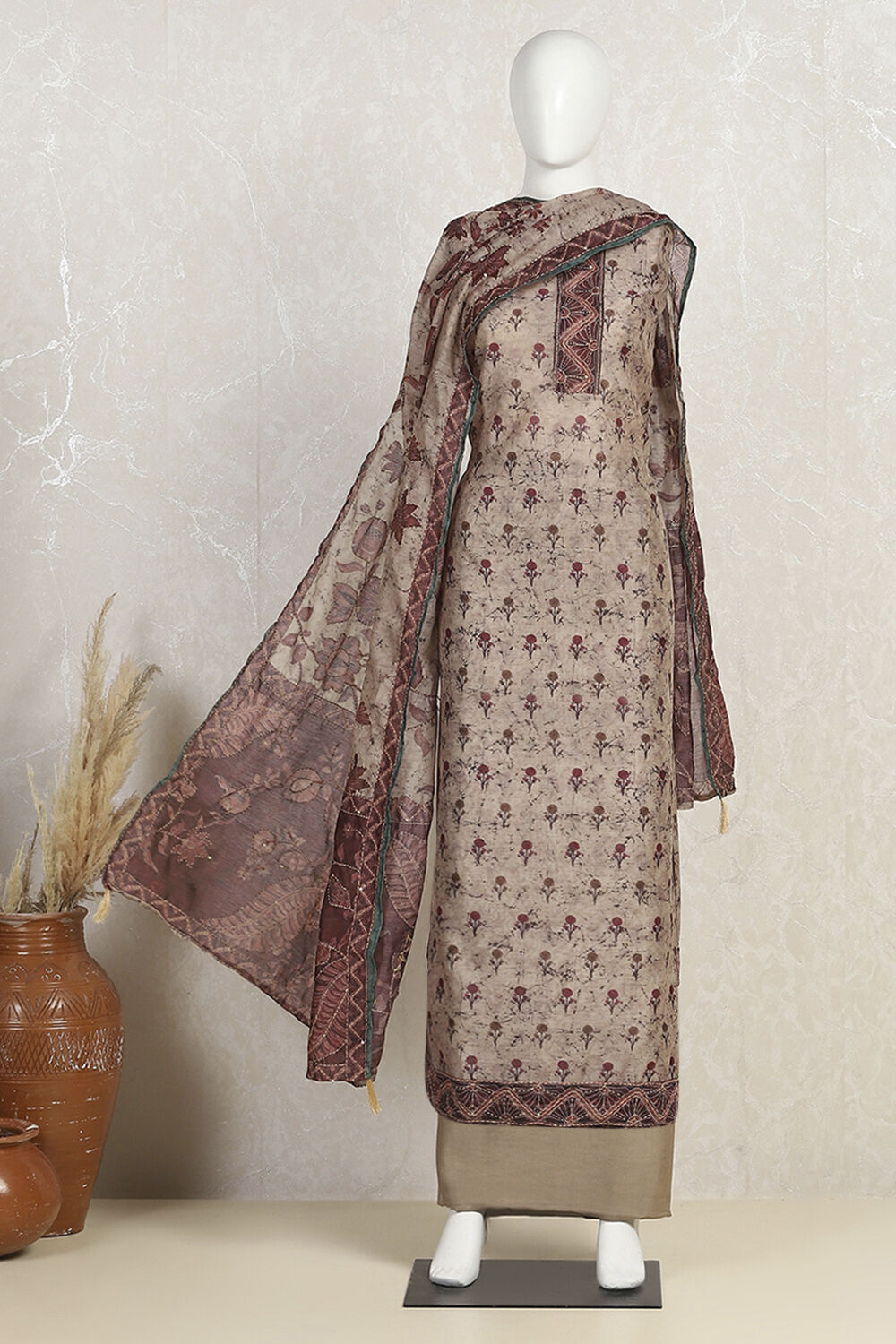 Beige Chanderi Hand Embroidered Unstitched Suit Set image number 4