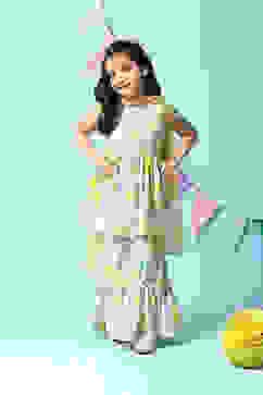 Off White & Yellow Cotton Gathered Kurta Sharara Suit Set image number 0