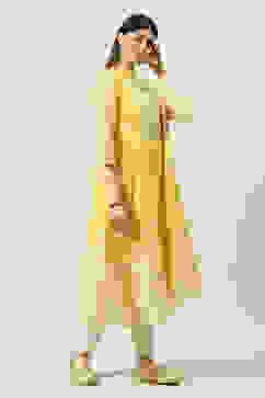 Yellow Art Silk Flared Printed Kurta with Jacket image number 5