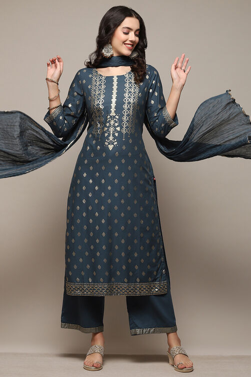 Blue Voile Relaxed Kurta Palazzo Suit Set image number 0