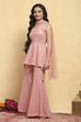Peach Polyester Embroidered Straight Sharara Suit Set image number 3