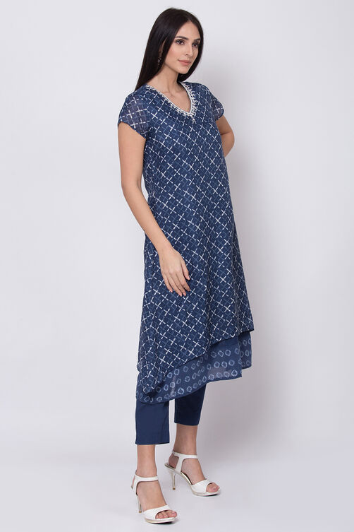Blue Art Silk A-Line Kurta Slim Pant Suit Set image number 5