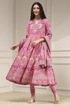 Light Pink Cotton Printed Anarkali Suit Set image number 0