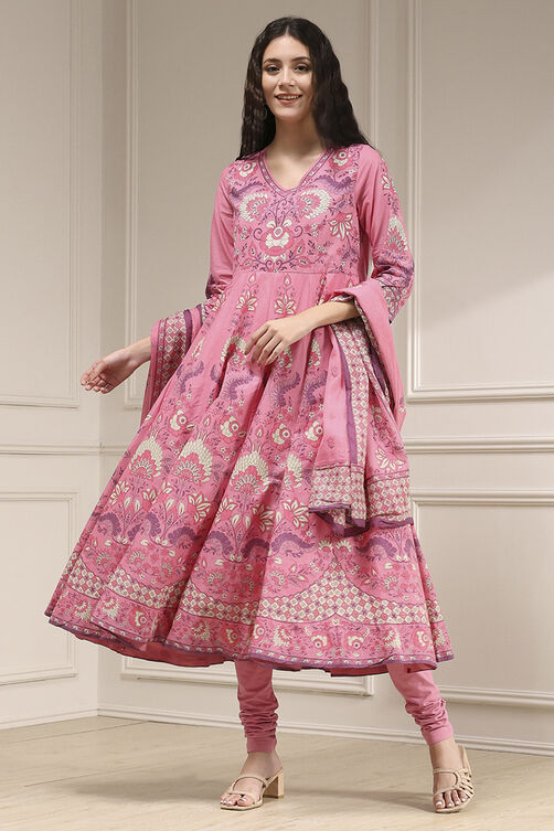 Light Pink Cotton Printed Anarkali Suit Set image number 0