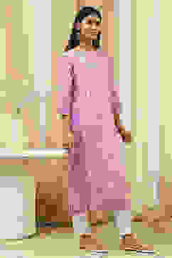 Purple Cotton Printed Straight Kurta image number 3