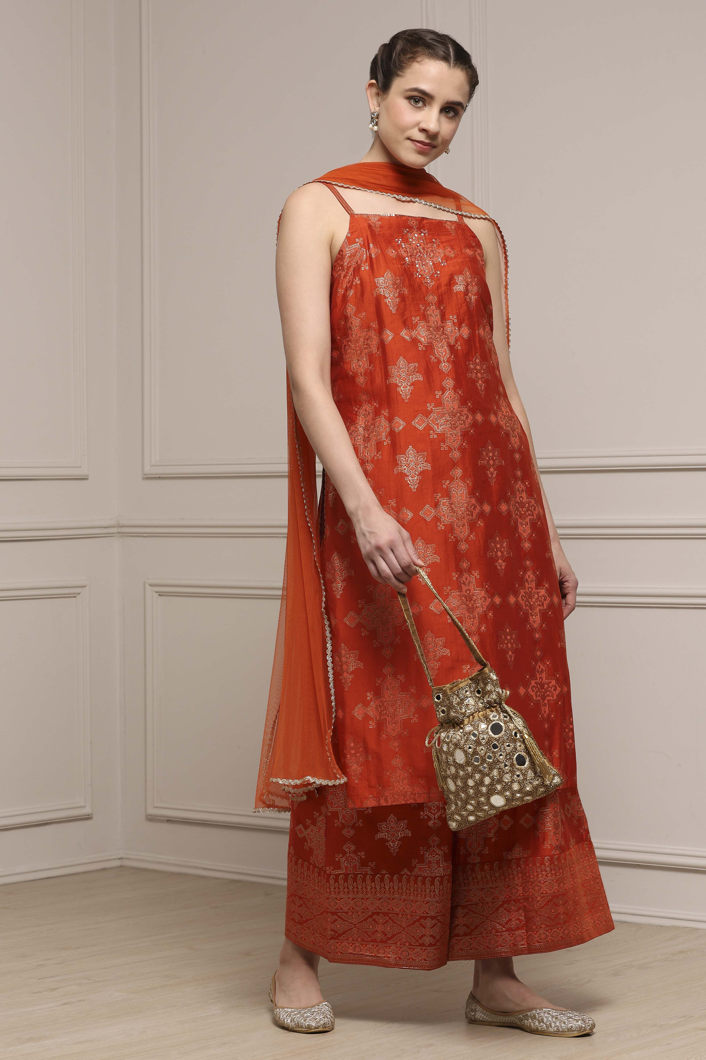 Orange Viscose Blend Straight Printed Suit Set image number 0