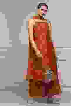 Orange Viscose Blend Straight Printed Suit Set image number 0