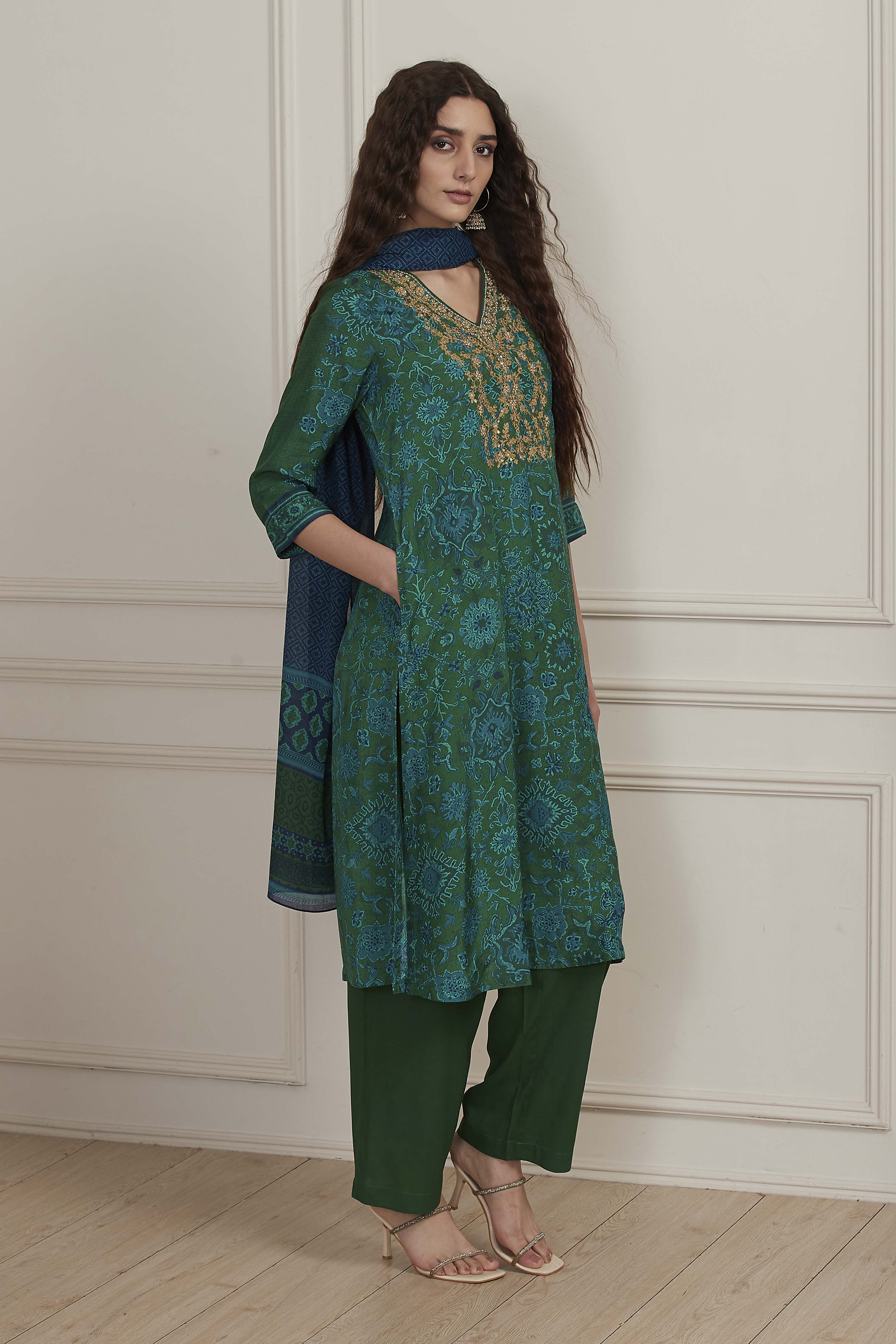 Green Modal Straight Suit Set image number 5