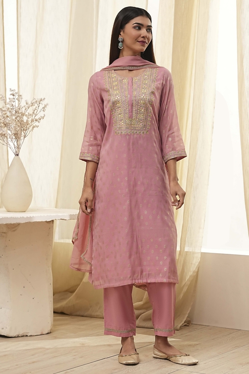 Dull Pink Embroidered Straight Suit Set image number 6