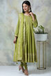 Green Cotton Kalidar Kurta Churidar Suit Set image number 5