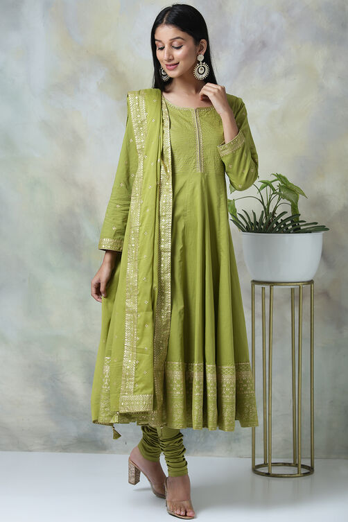 Green Cotton Kalidar Kurta Churidar Suit Set image number 5