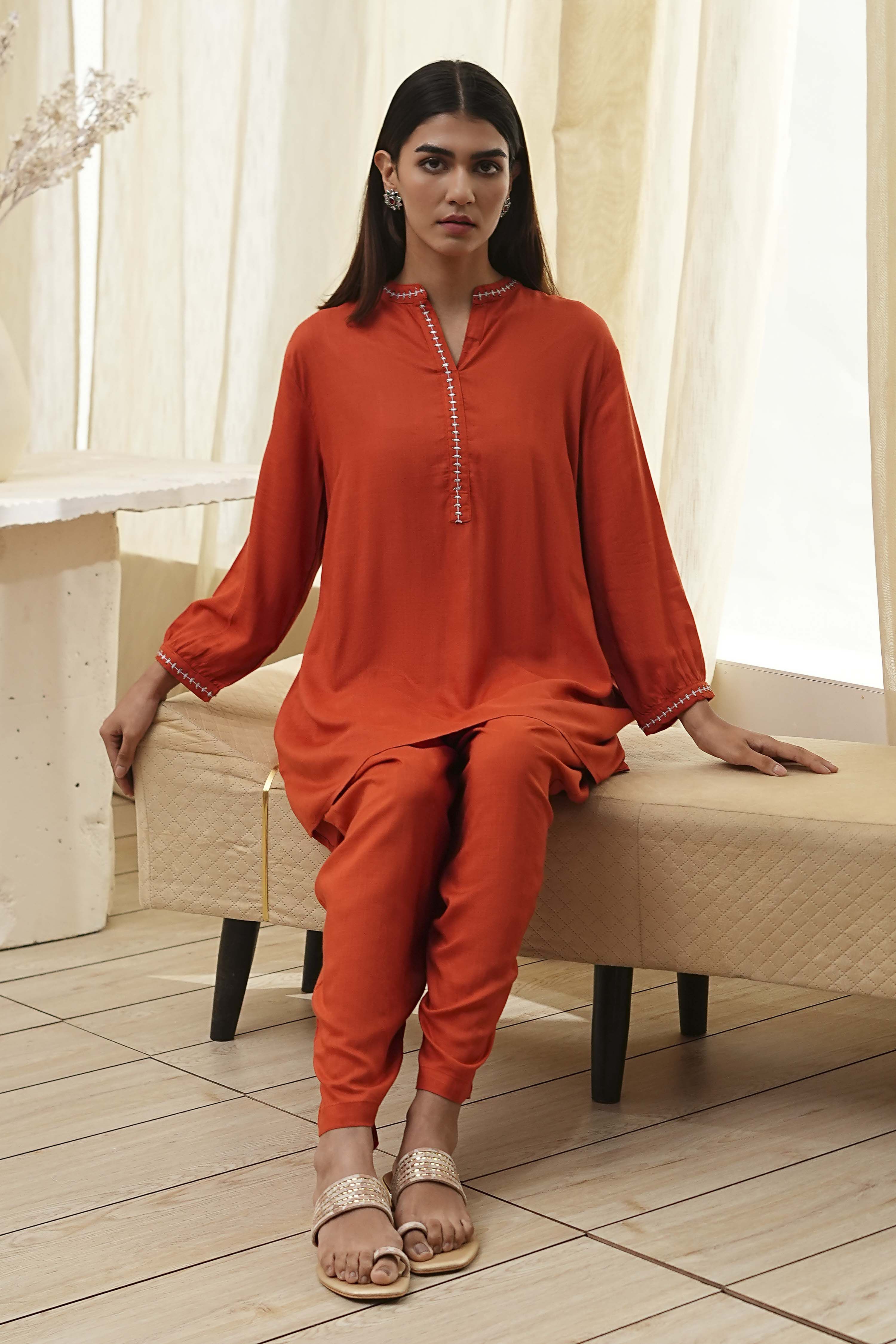 Burnt Orange Straight Solid Co-ord Set image number 0