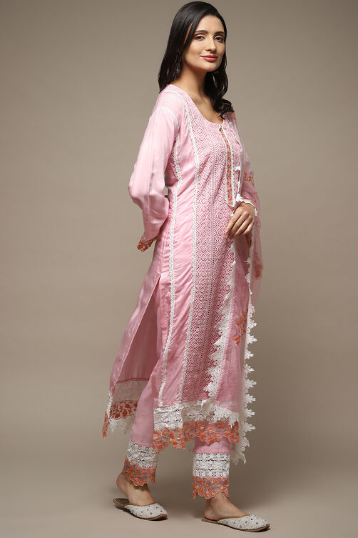 Light Pink Muslin Lace Unstitched Suit Set image number 7