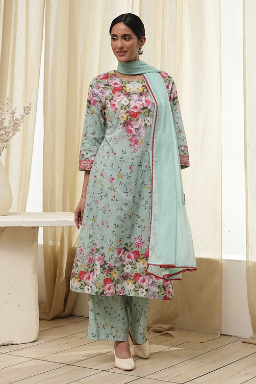 Turquoise Cotton Floral Printed Straight Suit Set image number 6