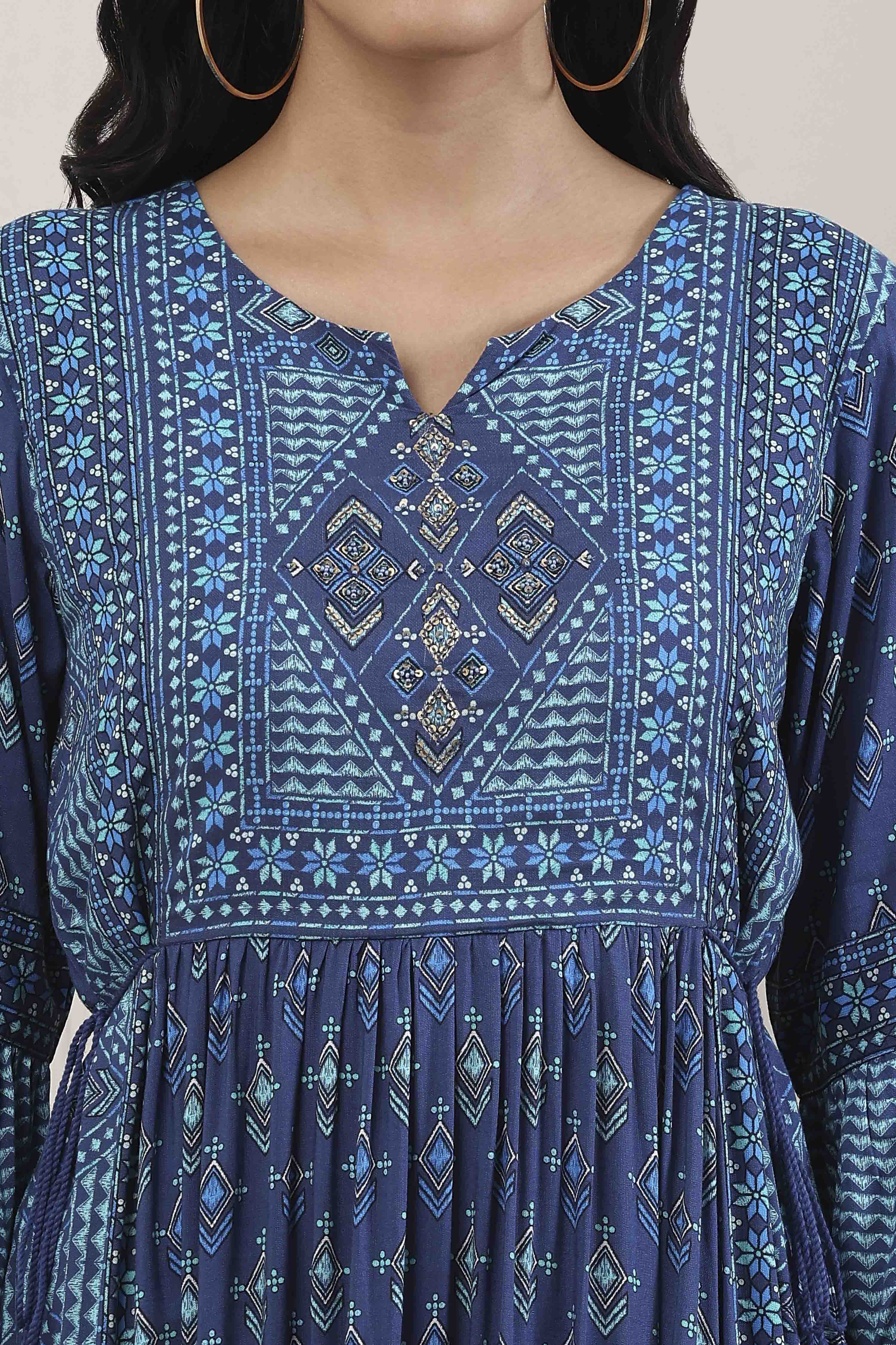 Indigo Ethnic Motifs Flared Midi Dress image number 1