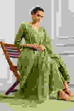 Mehndi Green Chanderi Embroidered Kalidar Suit Set image number 0