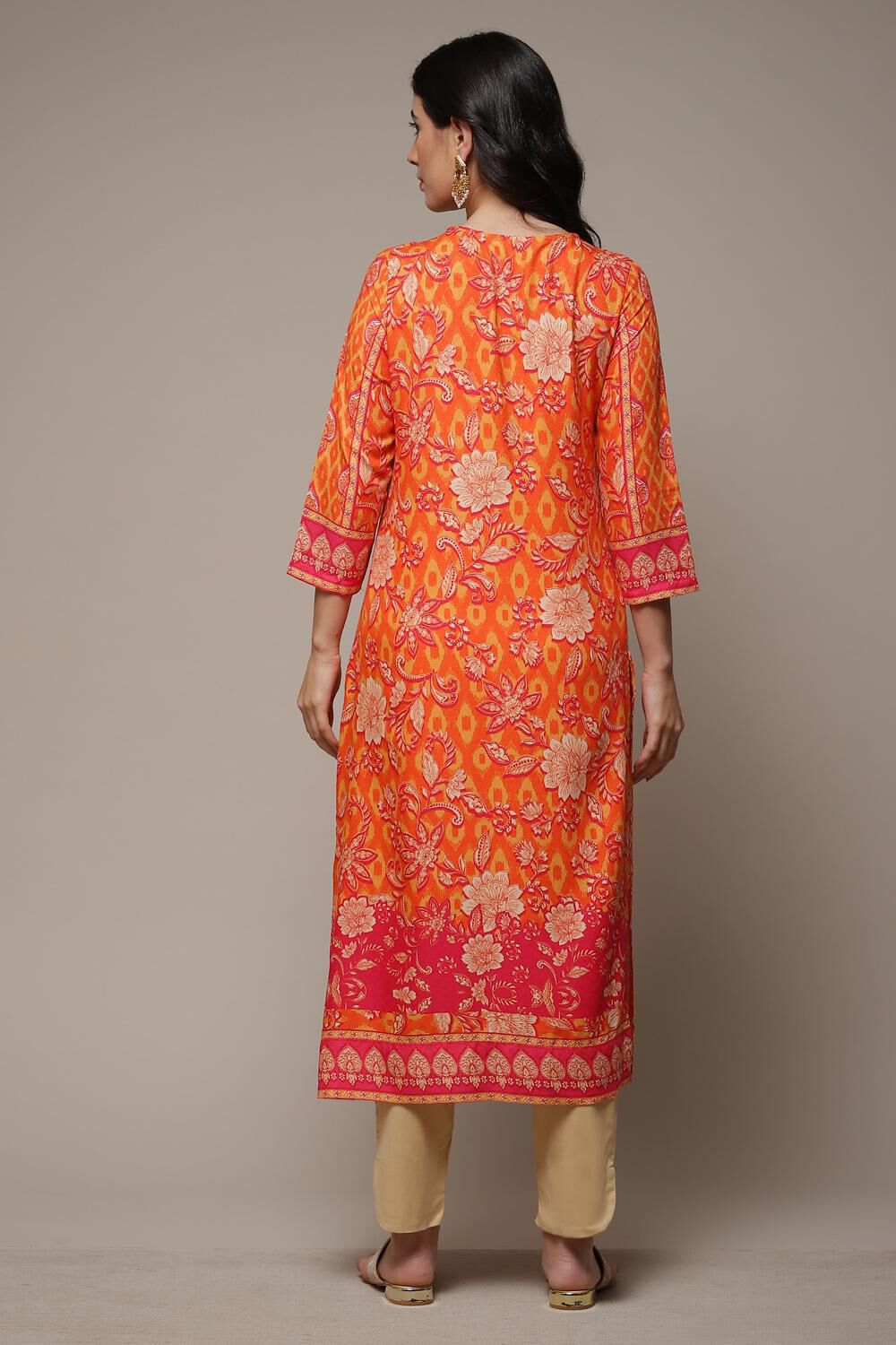 Orange LIVA Straight Printed Kurta image number 4