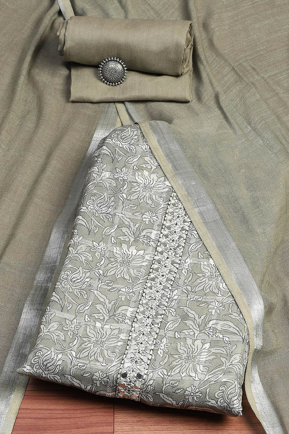 Brown Linen Blend Printed Unstitched Suit Set image number 0