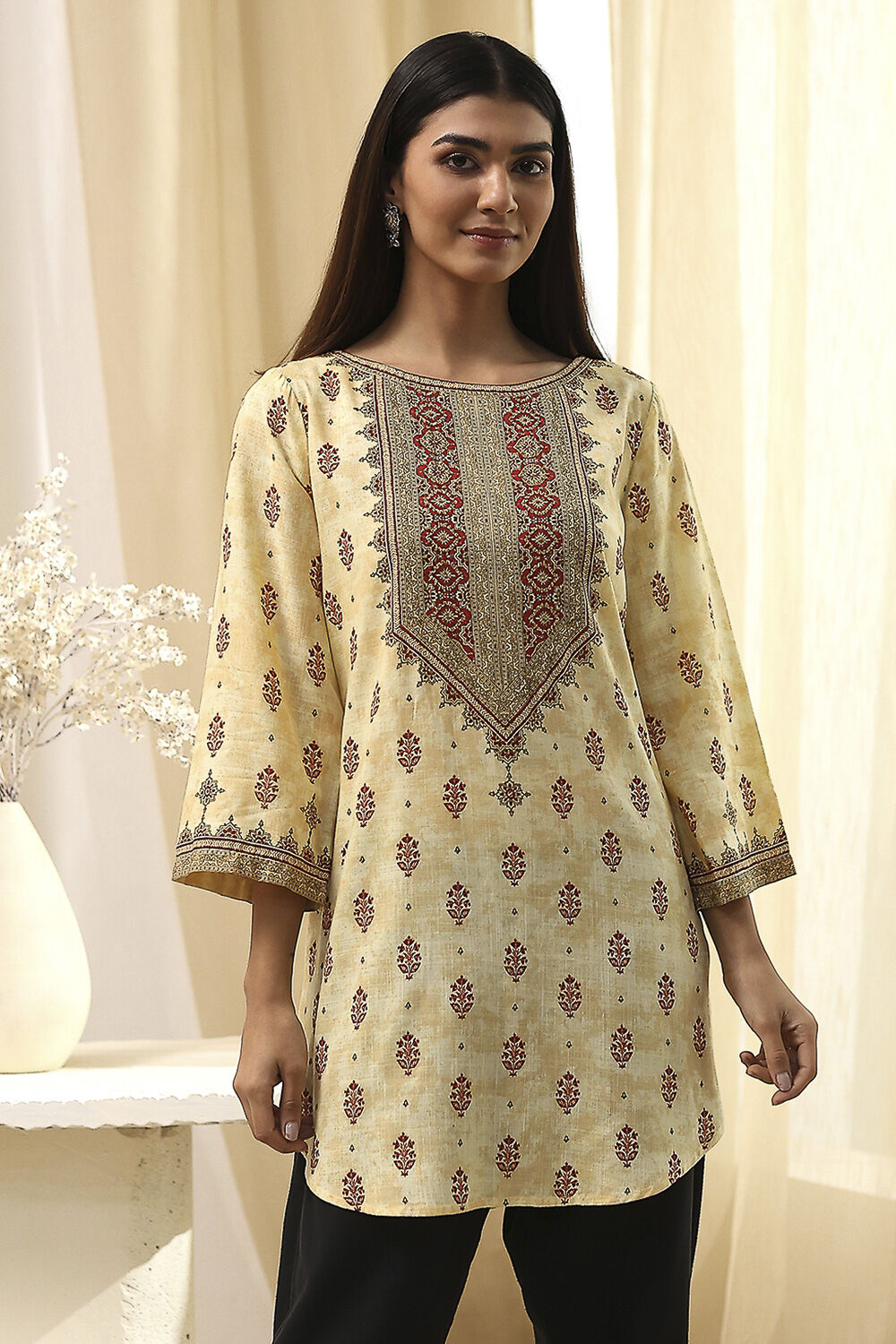 Beige Viscose Printed Straight  Short Kurta image number 5