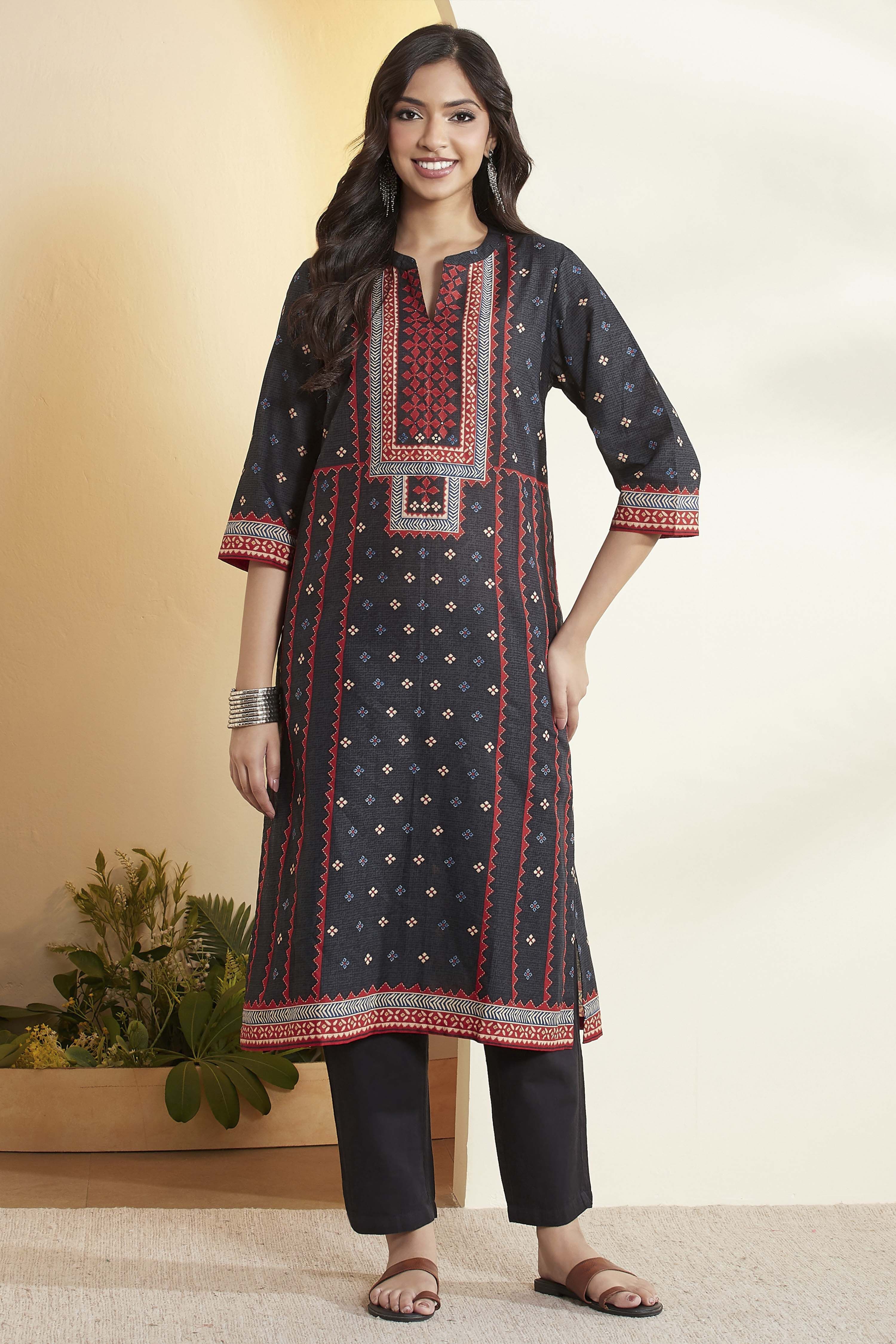 Black Cotton Printed Straight Kurta image number 6