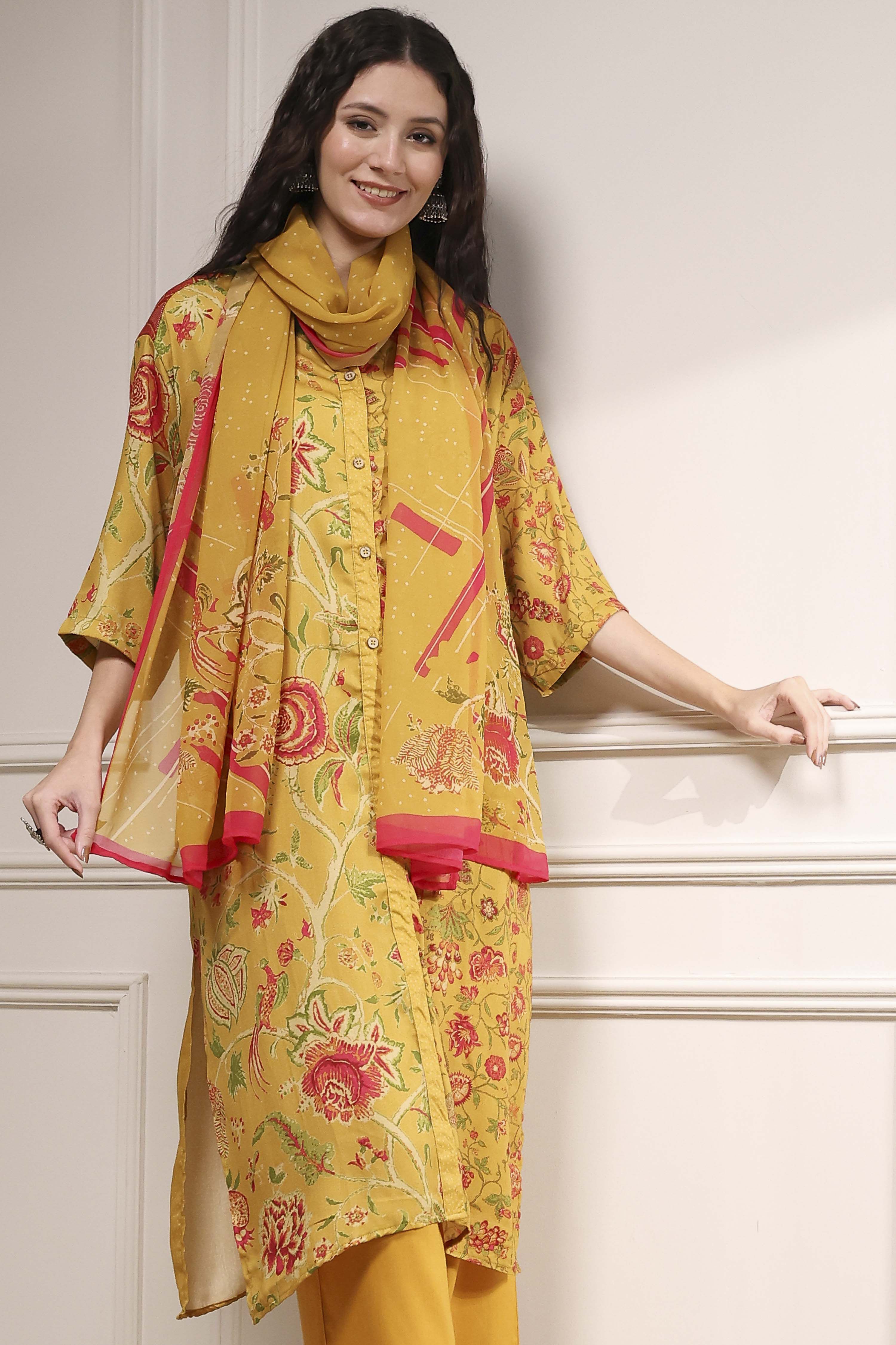 Mustard Yellow Printed Straight Suit Set image number 7