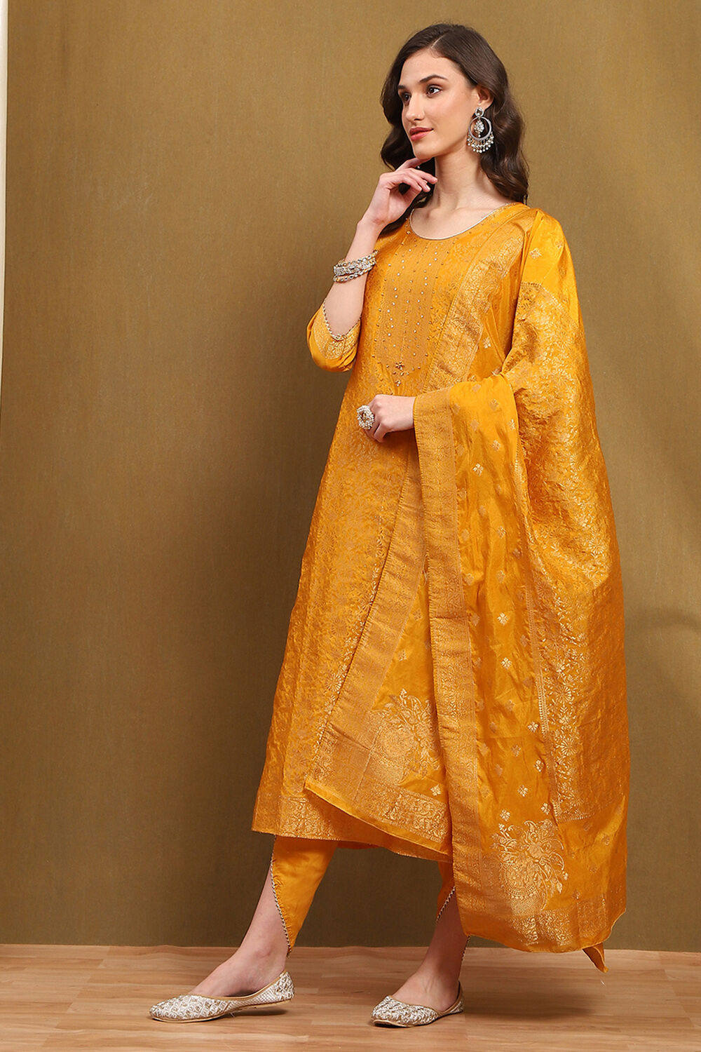 Mustard Yellow Silk Blend Woven Unstitched Suit Set image number 2