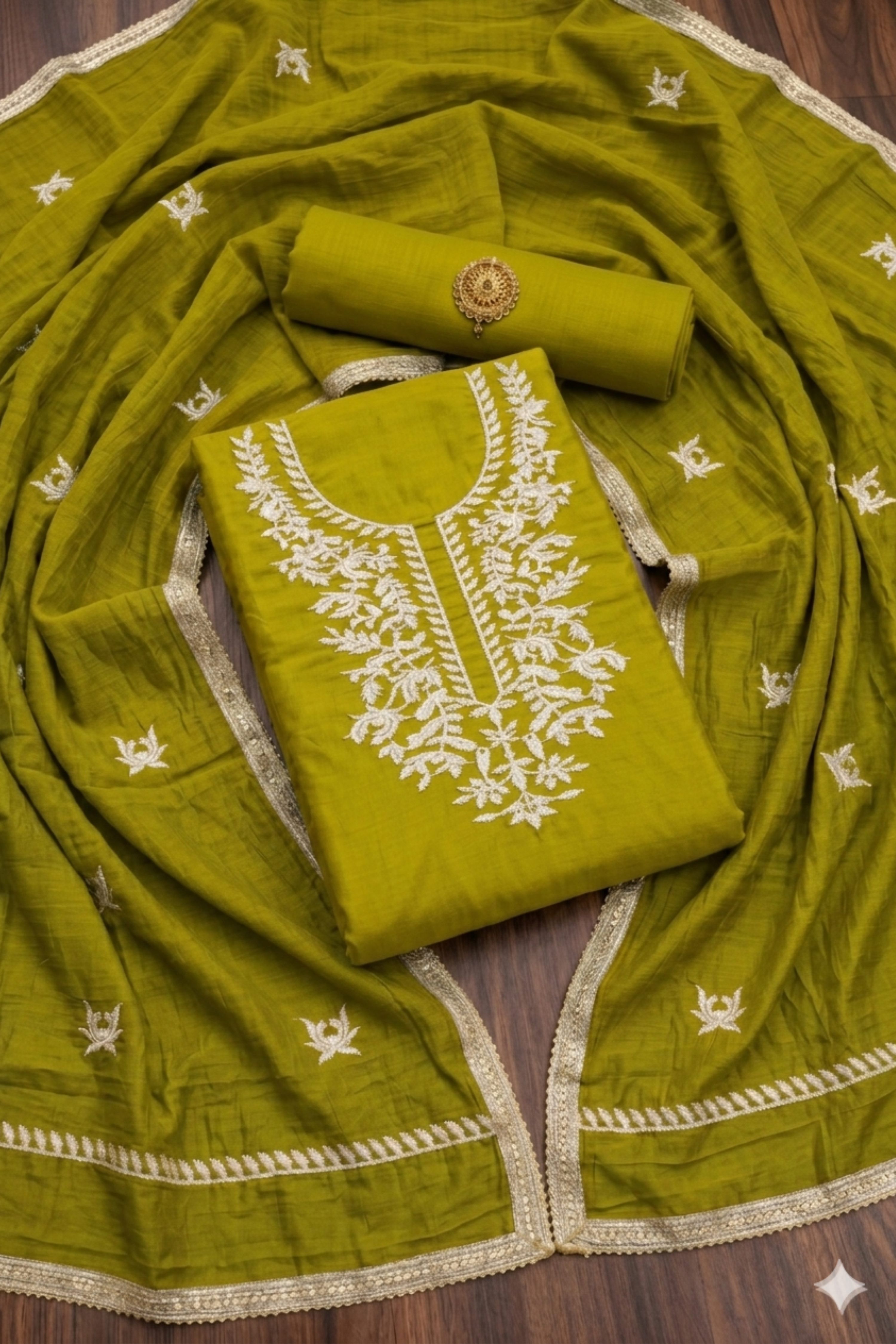 Olive Chanderi Printed Unstitched Suit Set image number 1