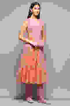 Peach Cotton Blend Layered Kurta Churidar Suit Set image number 8