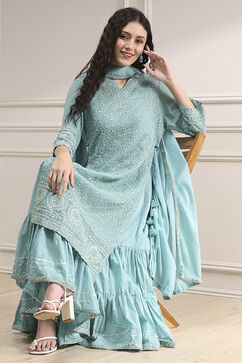 Powder Blue Cotton Blend Layered Embroidered Fusion Set image number 0