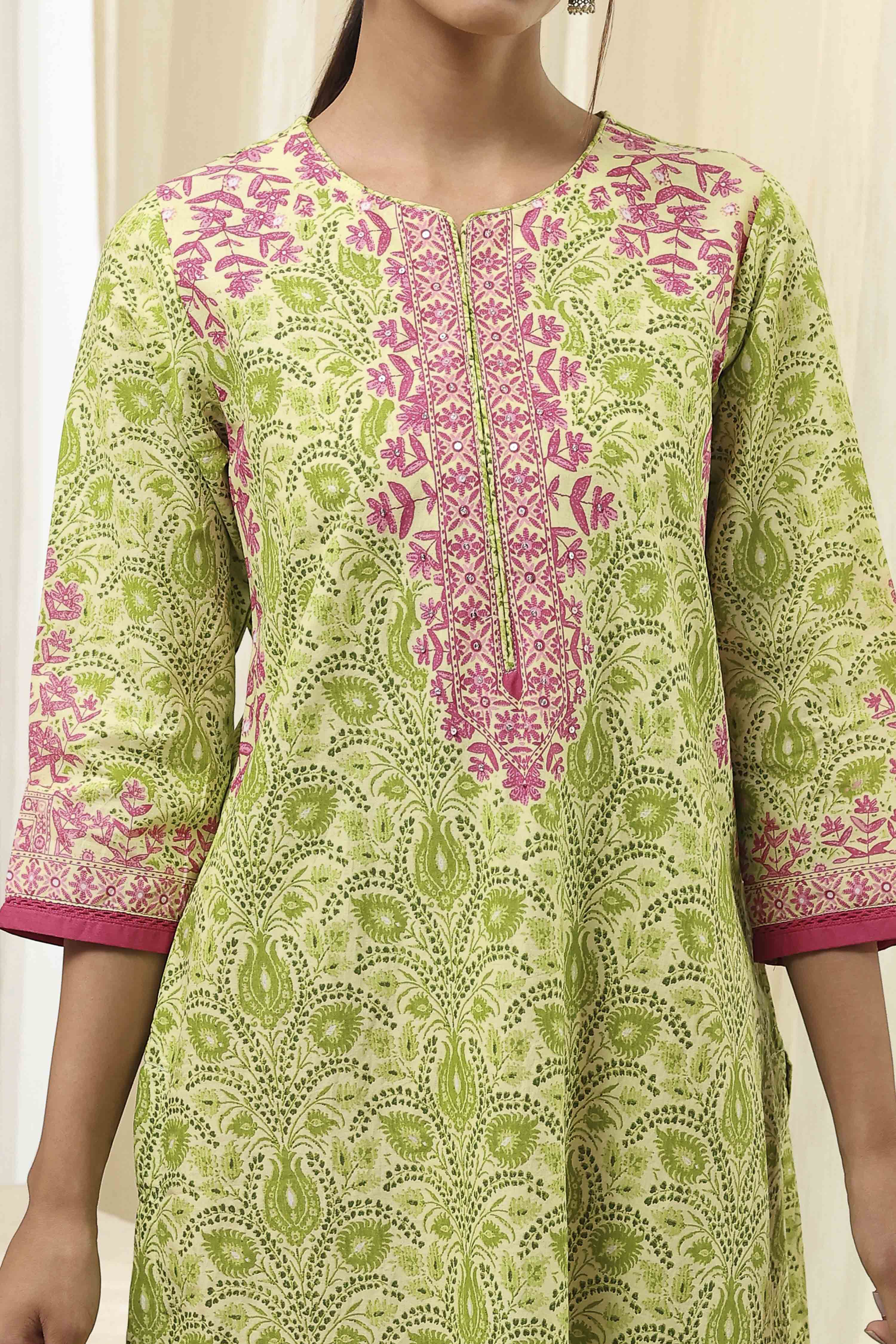 Green Cotton Printed Straight Kurta image number 1