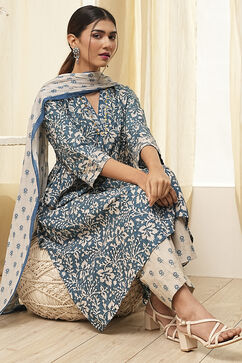 Indigo Cotton Printed Gathered Suit Set image number 0