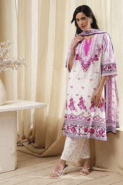 White and Pink Cotton Printed Straight Suit Set image number 0